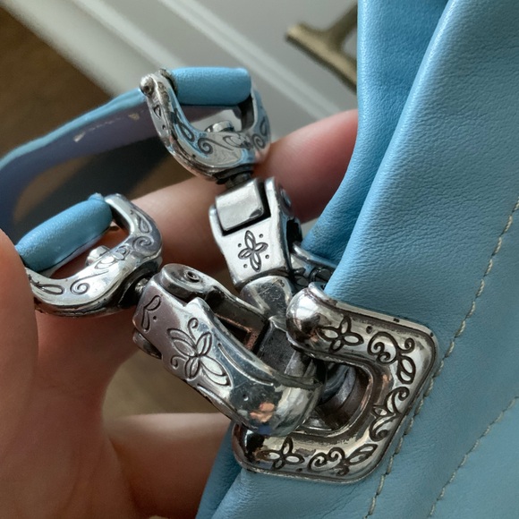 Vintage BRIGHTON Blue Smooth Leather Heart Stitched Small Tote Purse Romantic - Picture 9 of 16